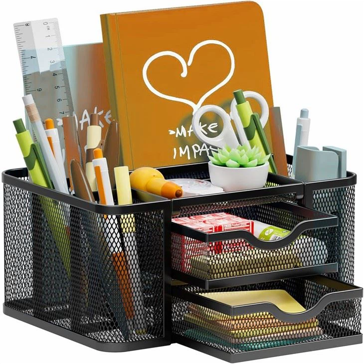 Organisateur de bureau en maille noire avec tiroirs